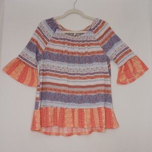 Women's Como Blu Orange Blue Paisley Floral Stripe Flare Bell Sleeve XL Tunic